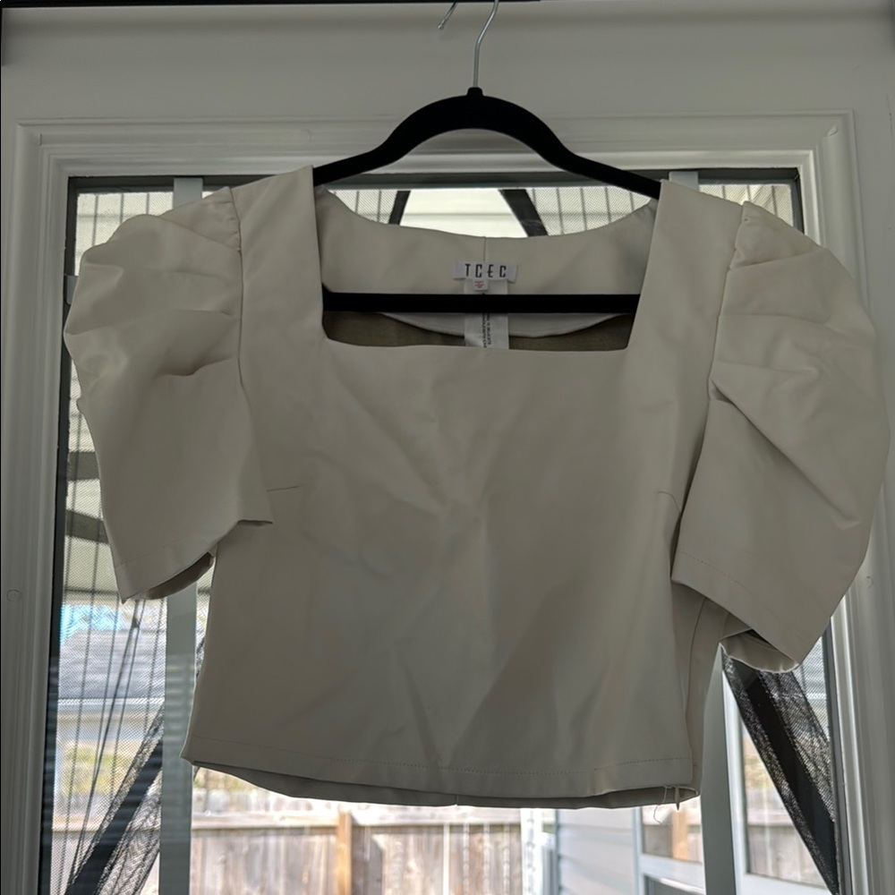 TCEC Cream Puff Sleeve faux leather Top